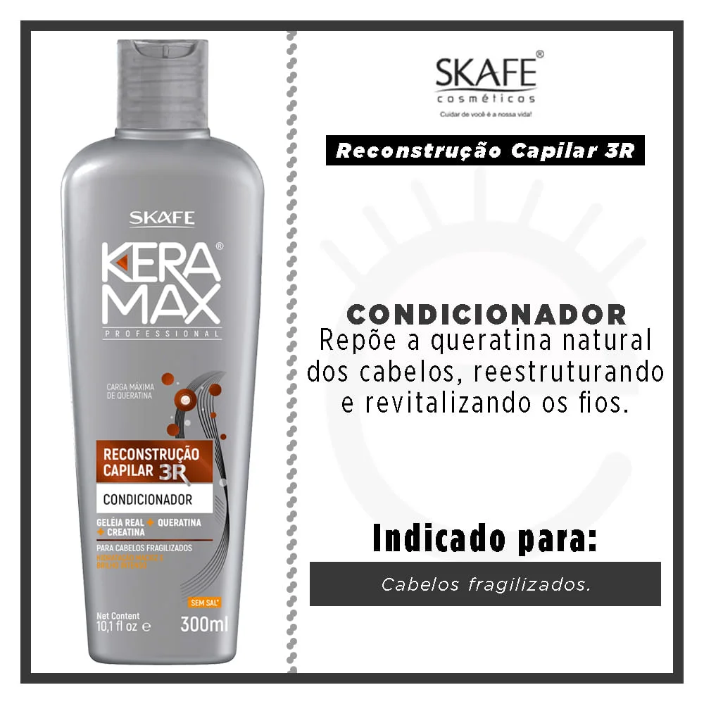Frasco prateado do Condicionador Keramax Reconstrução Capilar 300ml Skafe