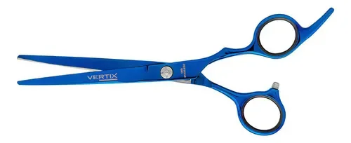 Tesoura Vertix Blue Laser Titanium 7.0 em fundo branco, acabamento azul metálico