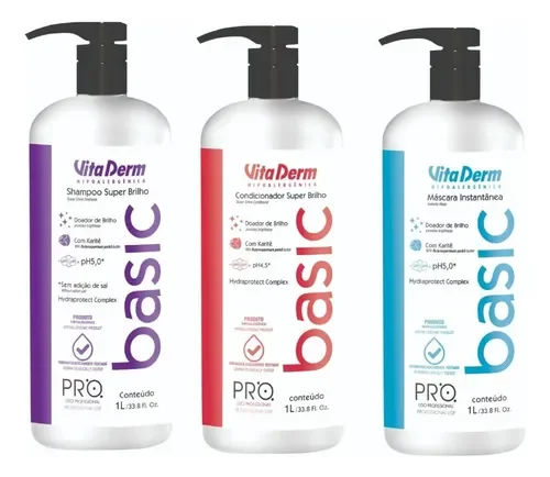 Kit Vita Derm Pro Basic: Shampoo, Condicionador e Máscara 1000ml com pump