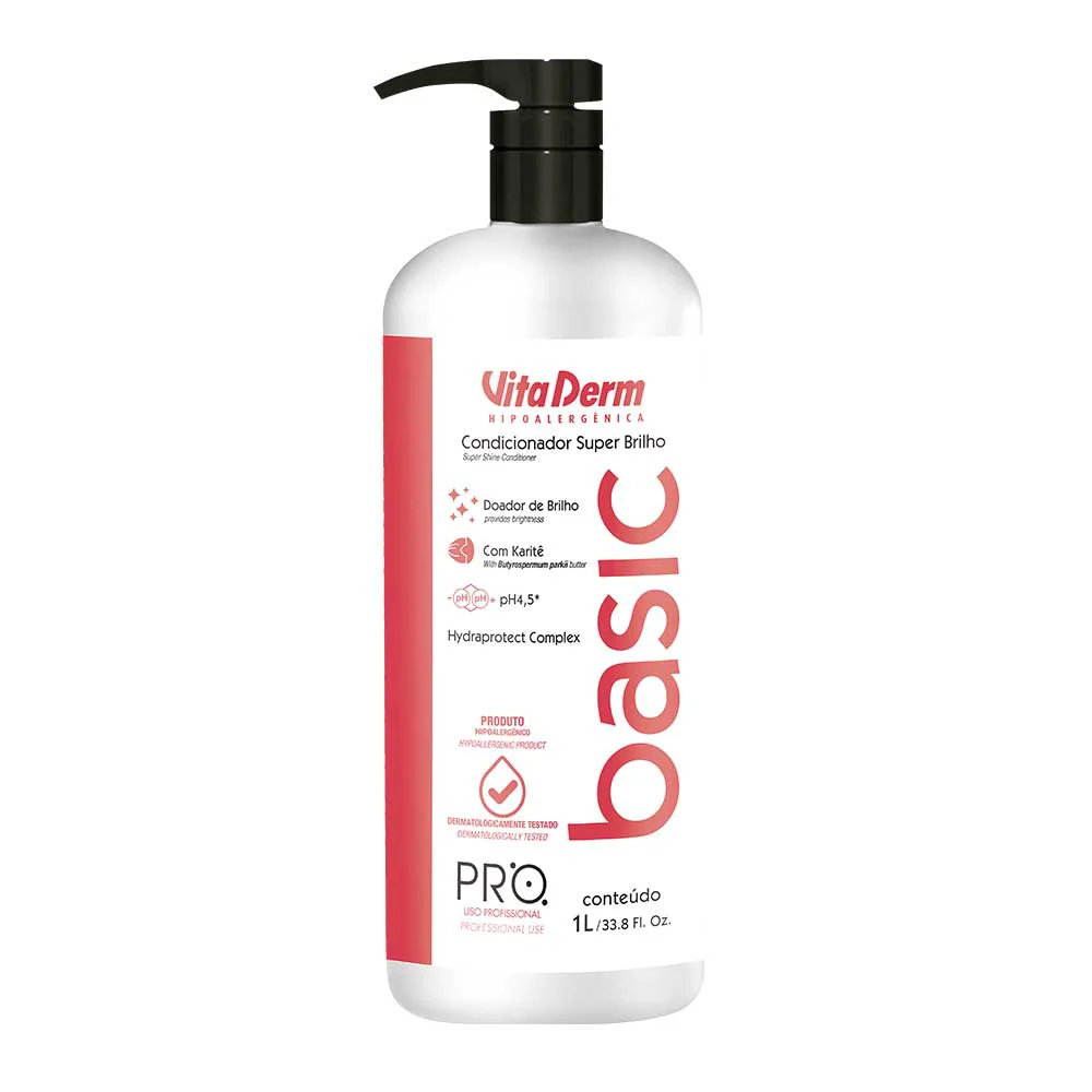Detalhe dos rótulos do Kit Vita Derm Pro Basic mostrando ingredientes e pH balanceado