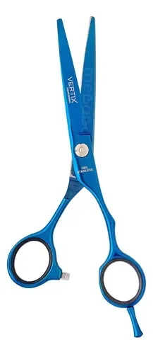 Detalhe lateral da Tesoura Vertix Laser Blue Titanium 5.5 mostrando acabamento e parafuso