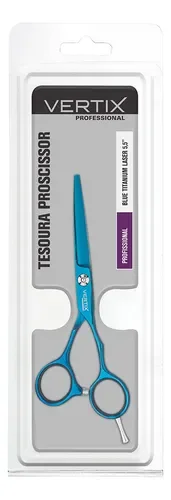 Tesoura Vertix Laser Blue Titanium 5.5 na embalagem mostrando o produto e informações