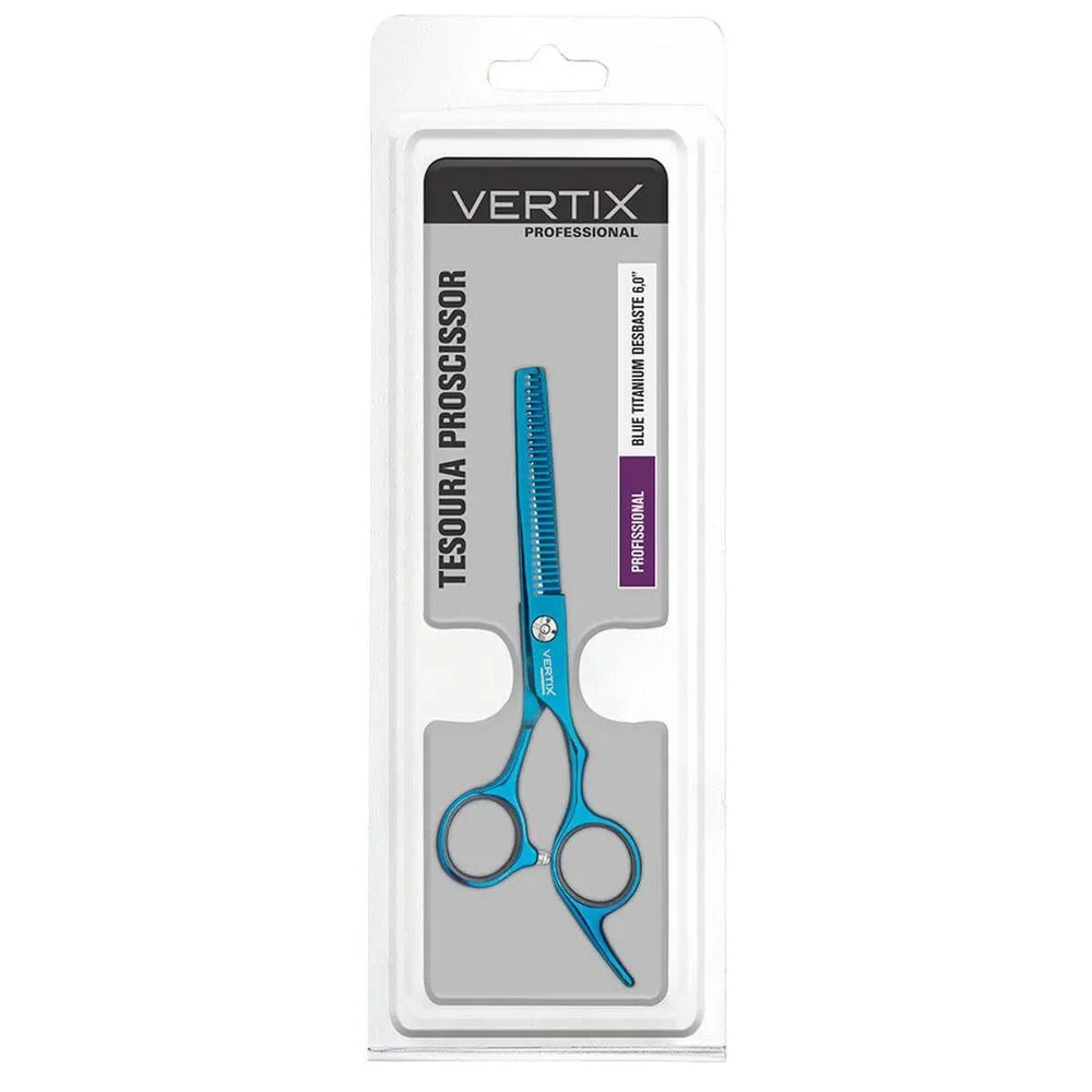 Tesoura Vertix Blue Titanium em embalagem