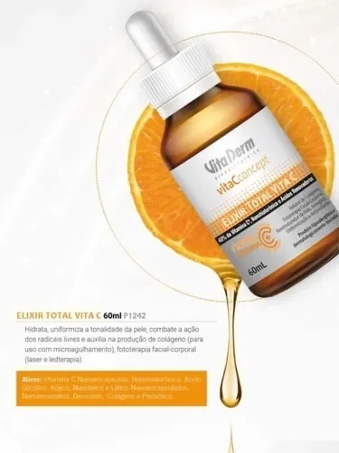 Frasco do Elixir Vita Derm com metade de uma laranja ao fundo
