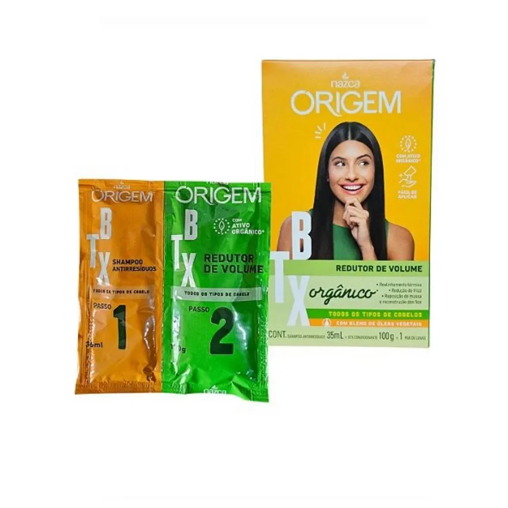 Detalhe do Kit Origem BTX Nazca com sachês e embalagem mostrando ativo orgânico