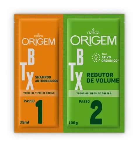 Sachês do Kit Origem BTX Nazca mostrando embalagem laranja e verde