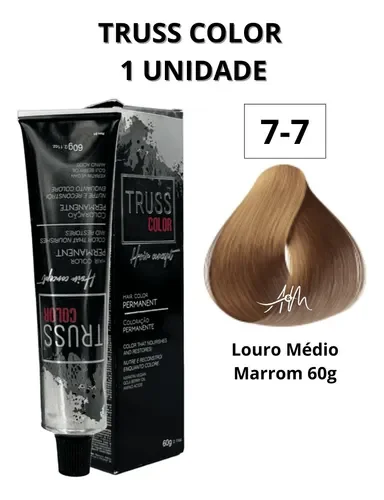 Detalhe da embalagem Truss Color 7.7 mostrando amostra da cor e tubo 60g