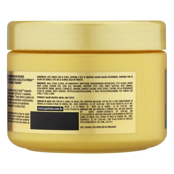 Lado lateral do pote com informações e rótulo da Máscara Pantene Bambu Nutritiva