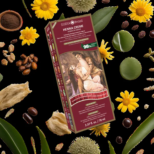 Henna Surya Creme com elementos naturais ao redor destacando extratos vegetais
