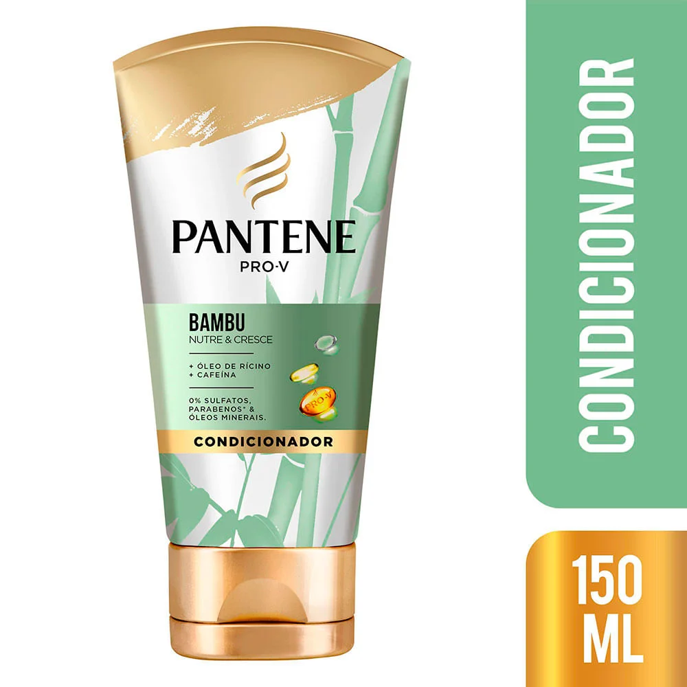 Detalhe da embalagem Pantene Bambu Nutre & Cresce 150ml mostrando rótulo e indicações
