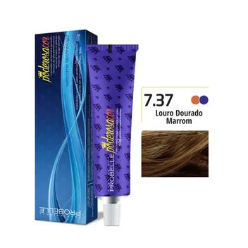 Tonalizante Probelle Poderosa 7.37 Louro Dourado Marrom embalagem e amostra de cor