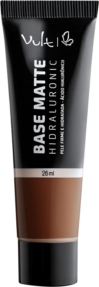 Imagem mostrando embalagem e textura da Base Vult Hidraluronic Matte Q115
