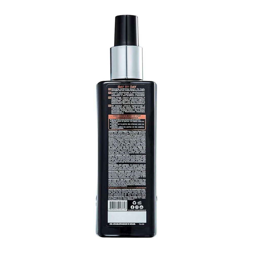 Verso do frasco com instruções de uso e lista de ingredientes do Leave-in Truss 250ml