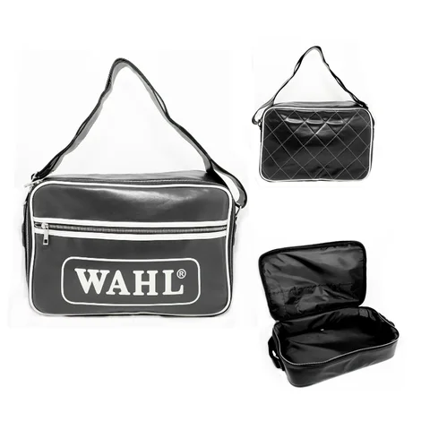 Bolsa Retro Wahl preta com detalhes em branco, alça ajustável e bolso frontal com zíper