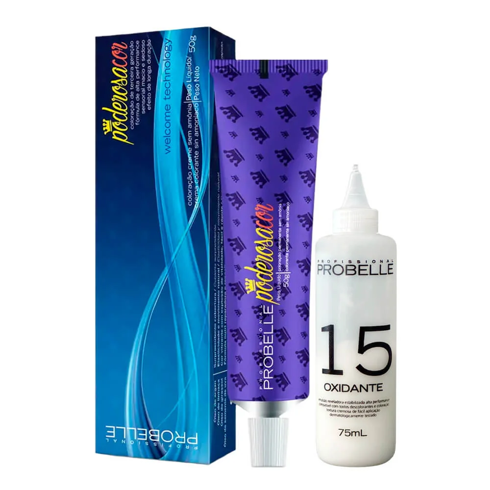 Tonalizante Probelle 5.0 com oxidante e embalagem mostrando características do produto
