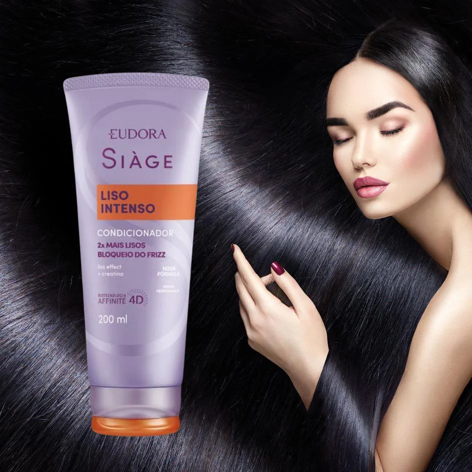 Condicionador Siàge Liso Intenso ao lado de modelo com cabelo liso e brilhante