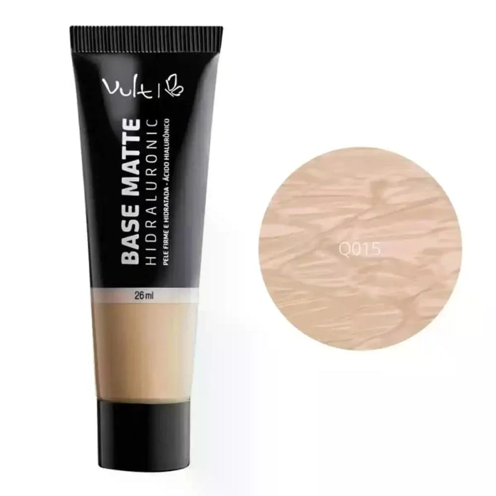 Base Líquida Vult Hidraluronic Matte Q015 - detalhe da bisnaga e amostra da cor