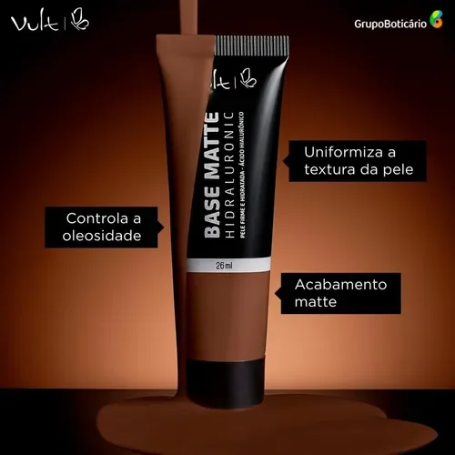 Imagem promocional da Base Líquida Vult Hidraluronic Matte 26ml mostrando embalagem e benefícios