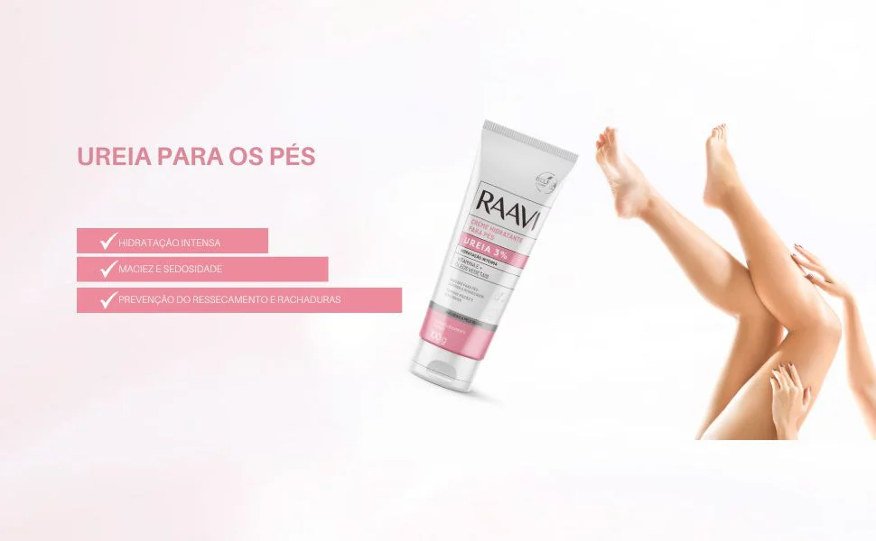 Creme Hidratante Raavi Ureia 3% para pés com destaque nos benefícios e aplicação