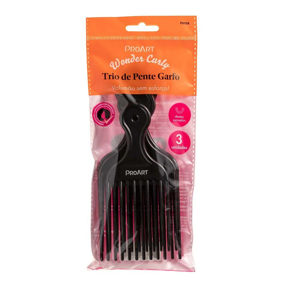Pente ProArt Garfo Wonder Curly embalado em plástico transparente com destaque para dentes curvados