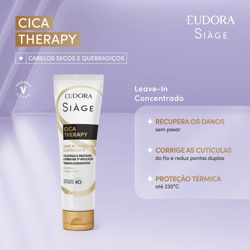 Leave-in Siàge Cica-Therapy com destaque para ser vegano e recuperar danos