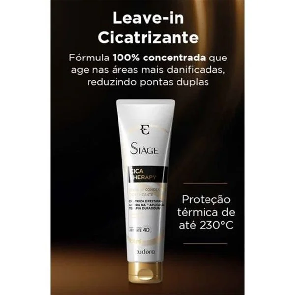 Leave-in Siàge Cica-Therapy tubo branco com tampa dourada destacando proteção térmica