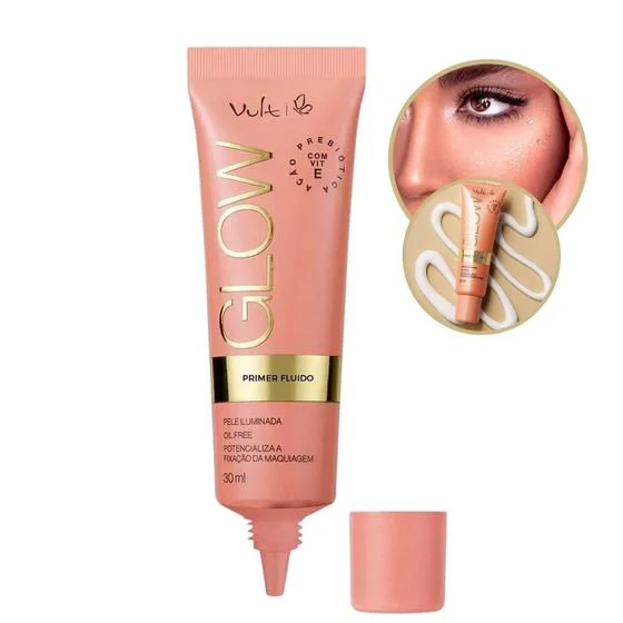Primer Vult Glow 30ml mostrando aplicação e efeito iluminado