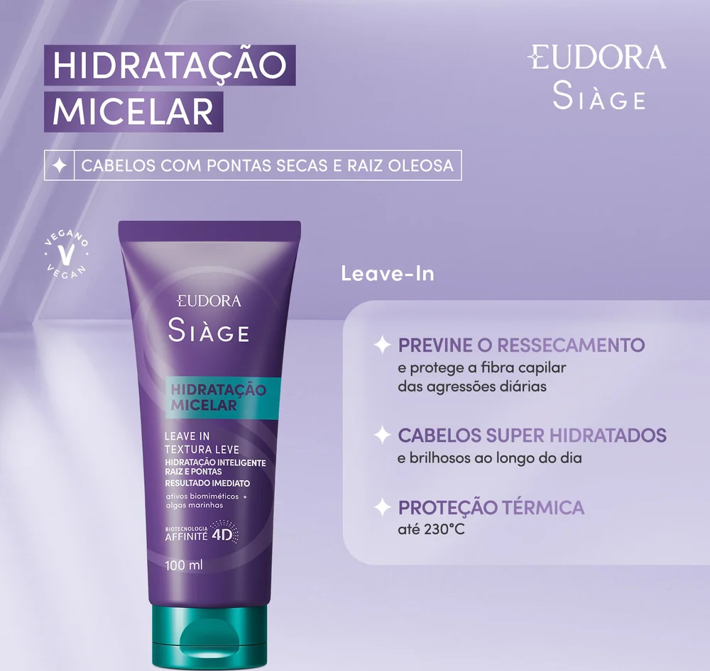 Imagem promocional Leave-in Siàge Hidratação Micelar 100ml em fundo roxo claro