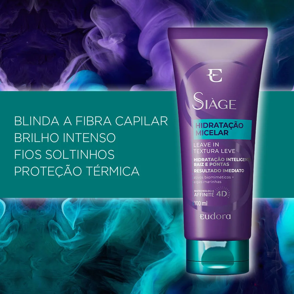 Leave-in Siàge Hidratação Micelar 100ml em fundo promocional com destaque da embalagem