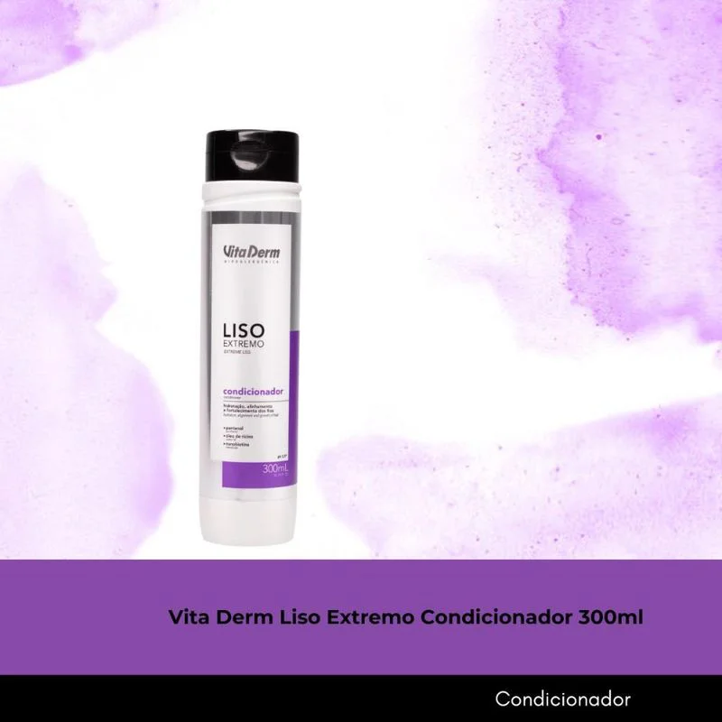 Condicionador Vita Derm Liso Extremo 300ml com fundo roxo aquarelado