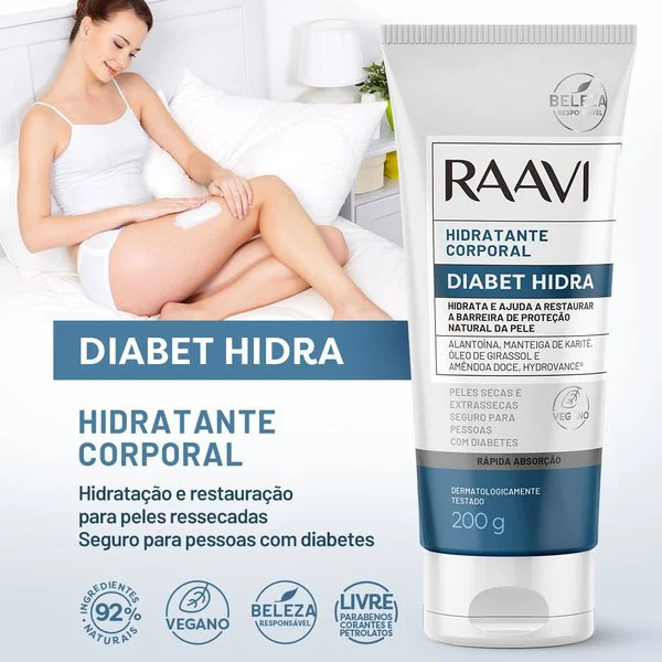 Aplicação do Hidratante Raavi Diabet Hidra em ambiente claro, destacando selo vegano