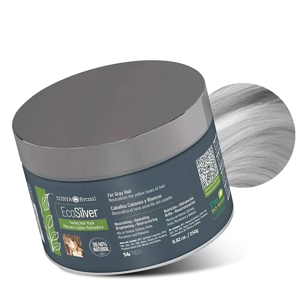 Máscara Surya EcoSilver vista em ângulo com mechas grisalhas