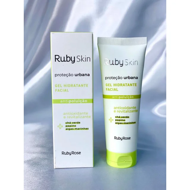 Gel Hidratante Facial Ruby Rose com embalagem e caixa - destaque para ingredientes naturais
