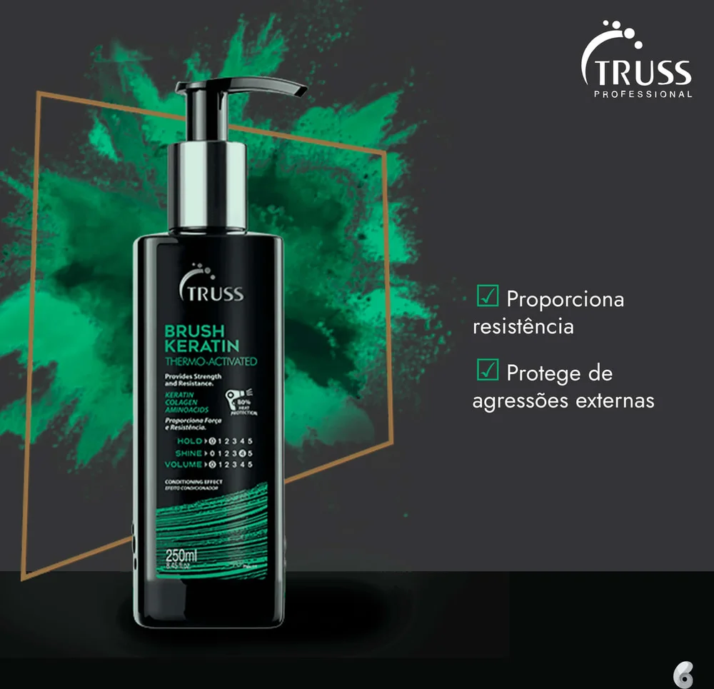 Leave-in Truss Brush Keratin 250ml em destaque com fundo vibrante