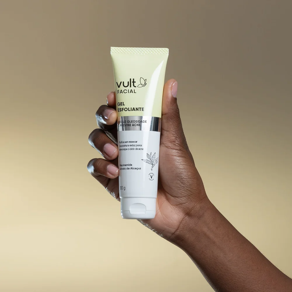 Gel Esfoliante Facial Vult 100g - embalagem em tubo branco e verde