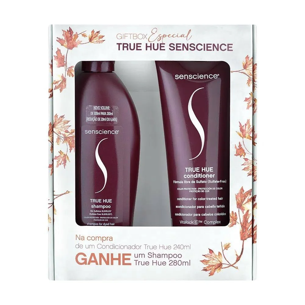 Kit Senscience True Hue em embalagem de presente com detalhe floral