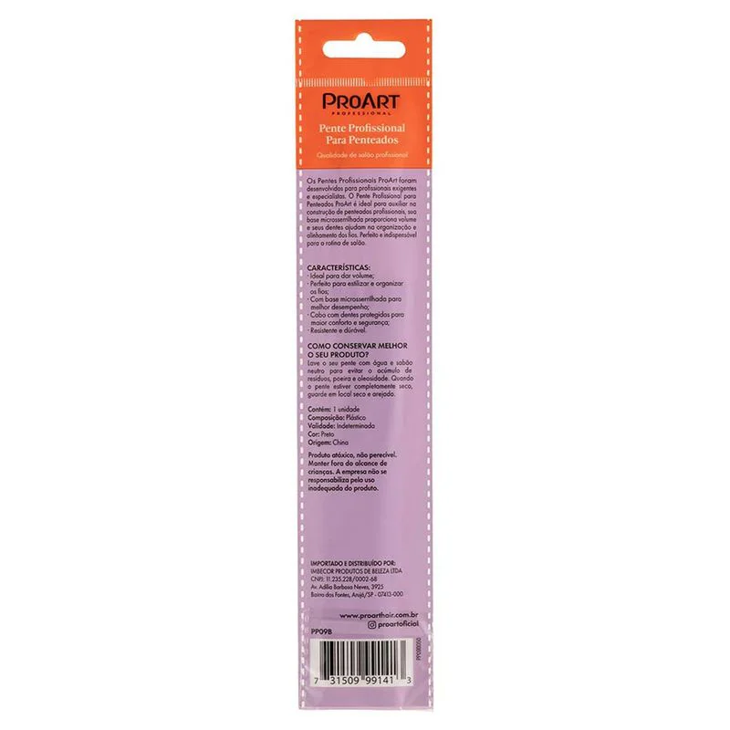 Verso da embalagem do pente Proart com informações do produto