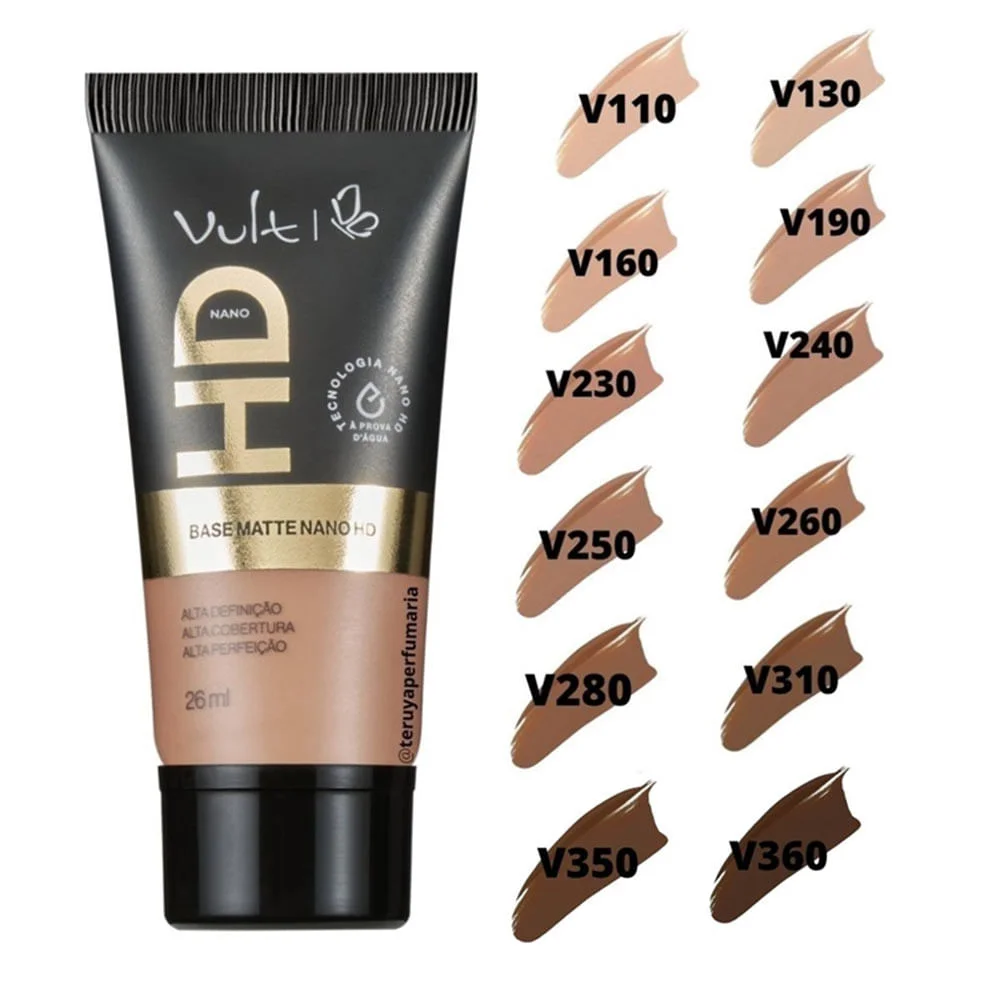 Embalagem da Base Líquida Vult Nano HD ao lado de amostras de tons incluindo V190