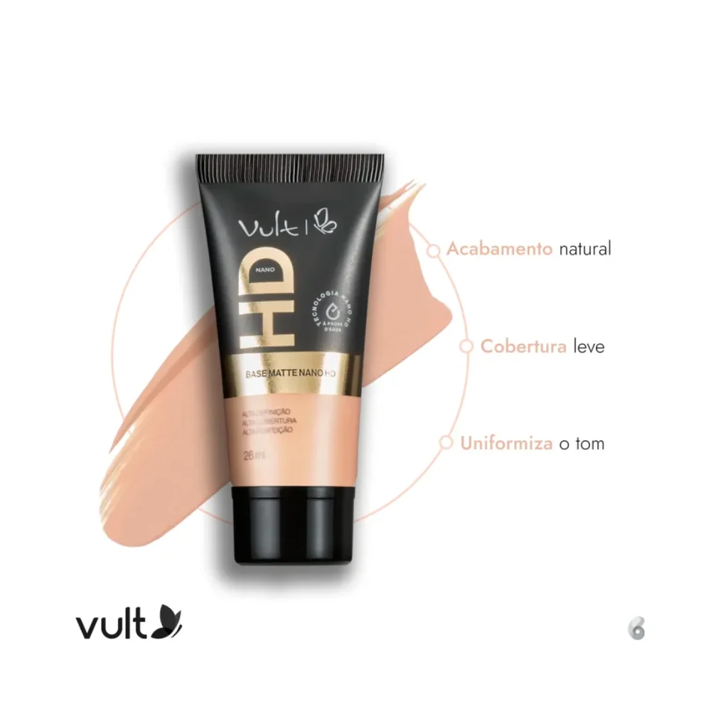 Base Líquida Vult Nano HD embalagem preta 26 ml destacando acabamento natural
