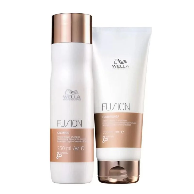 Detalhe das embalagens Wella Fusion com acabamento cobre metálico