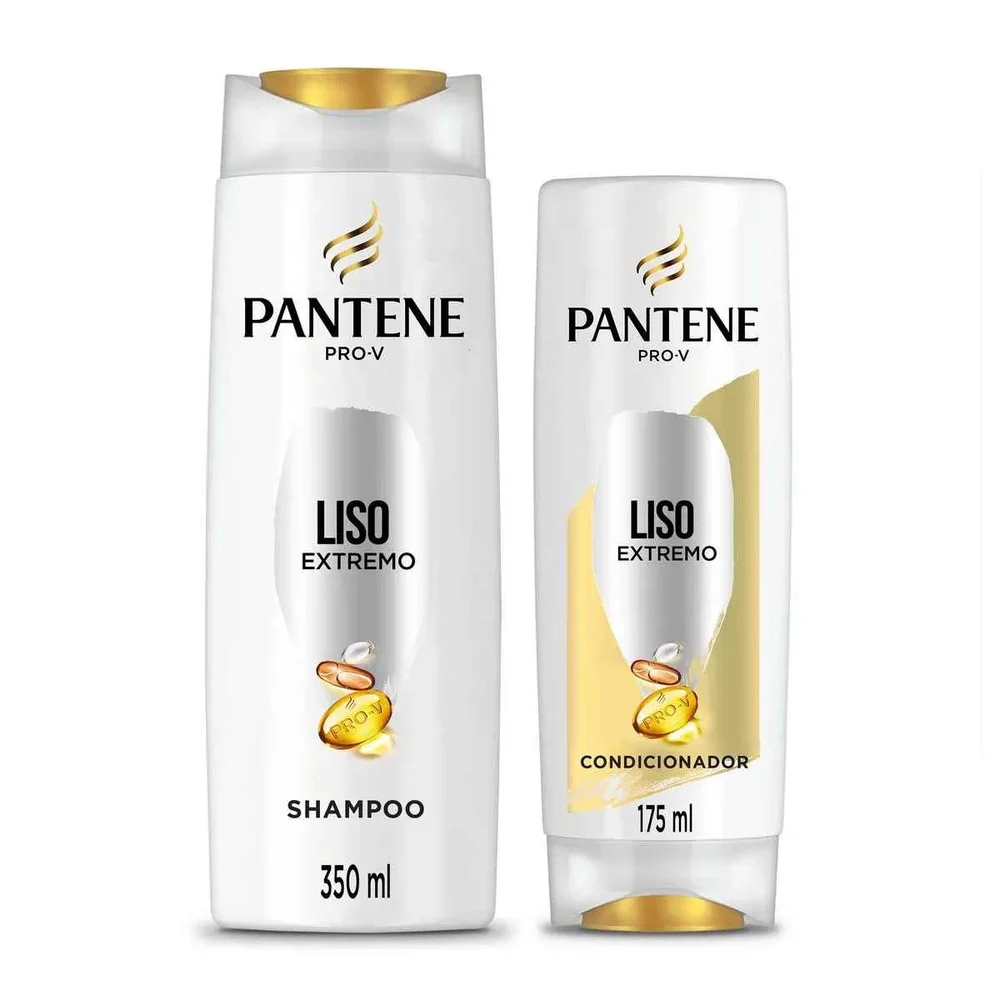 Produtos Pantene Pro-V Liso Extremo lado a lado, frascos brancos com topos dourados