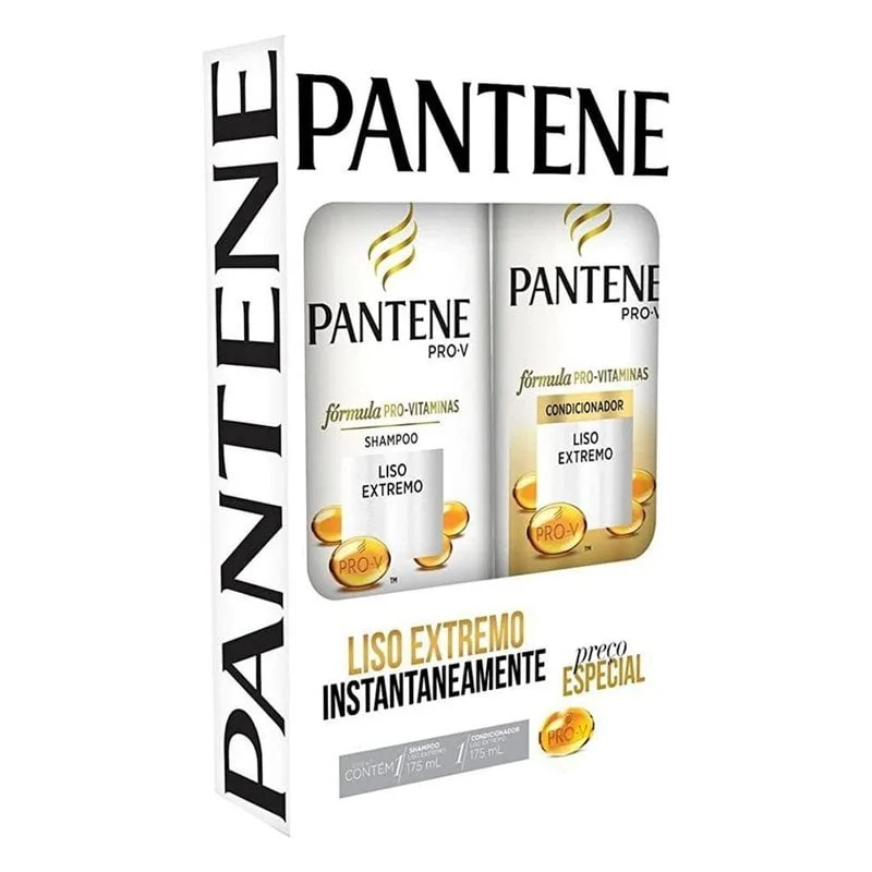 Kit Pantene Pro-V Liso Extremo mostrado em caixa com destaque para fórmulas e benefícios