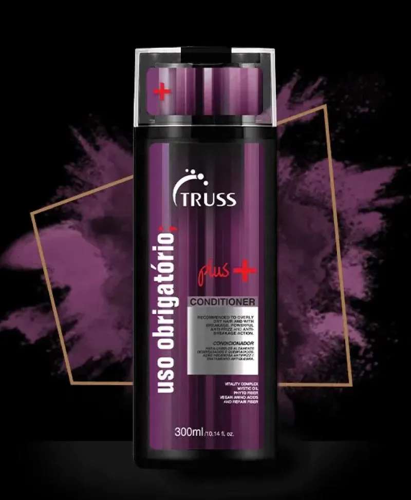 Condicionador Truss Uso Obrigatório Plus+ 300ml em destaque com fundo roxo