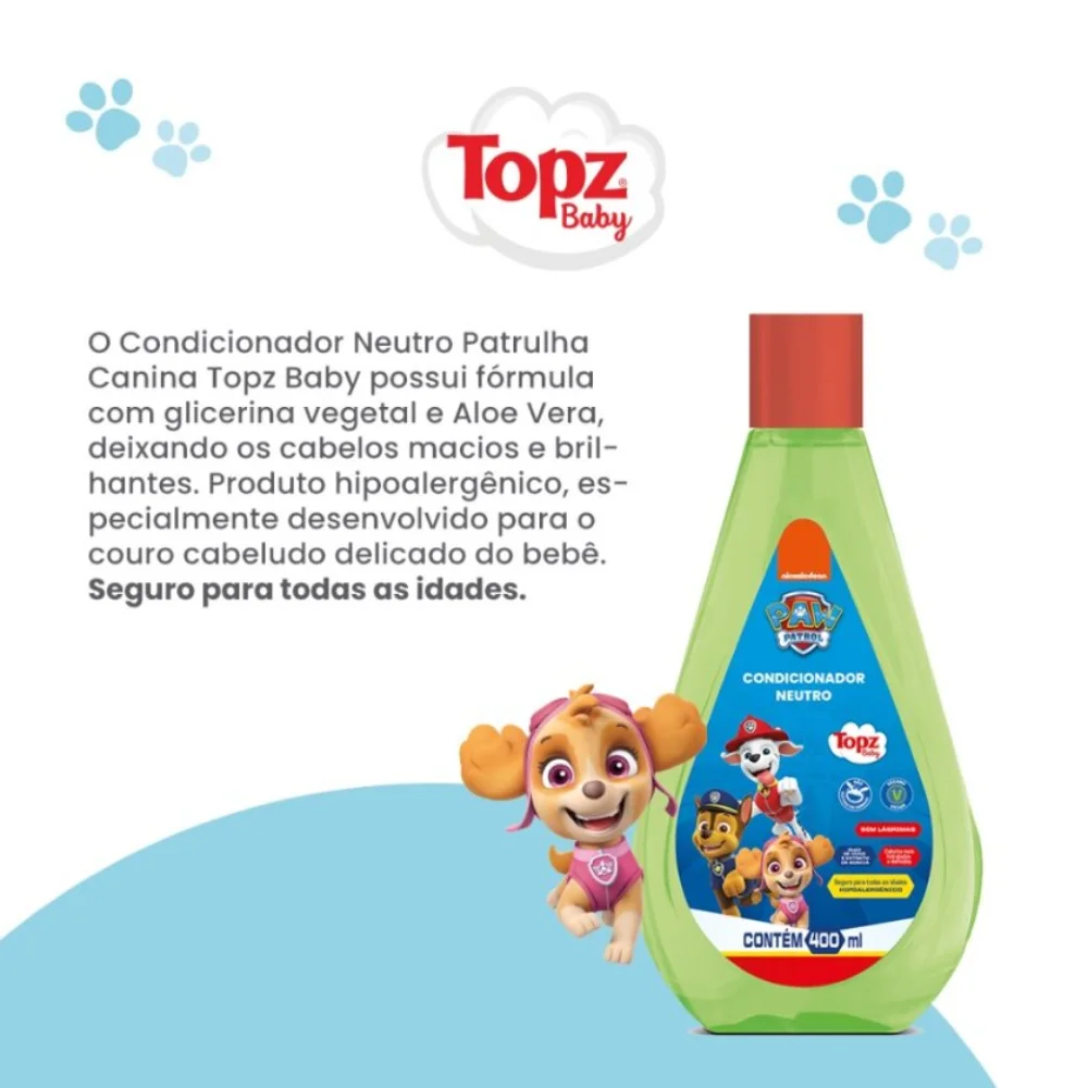 Condicionador Topz Patrulha Canina Neutro 400ml com destaque para ingredientes e selo hipoalergênico