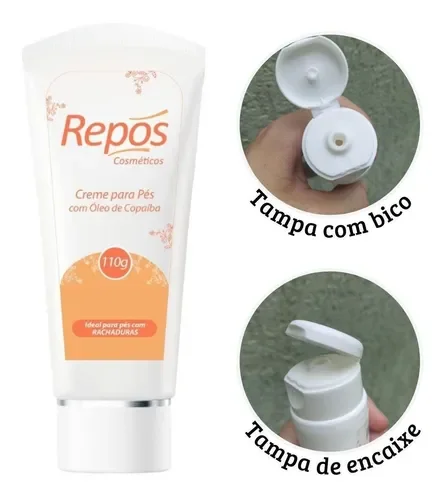 Creme para pés Repos 110g tubo branco com detalhes laranja e tampa com bico dosador