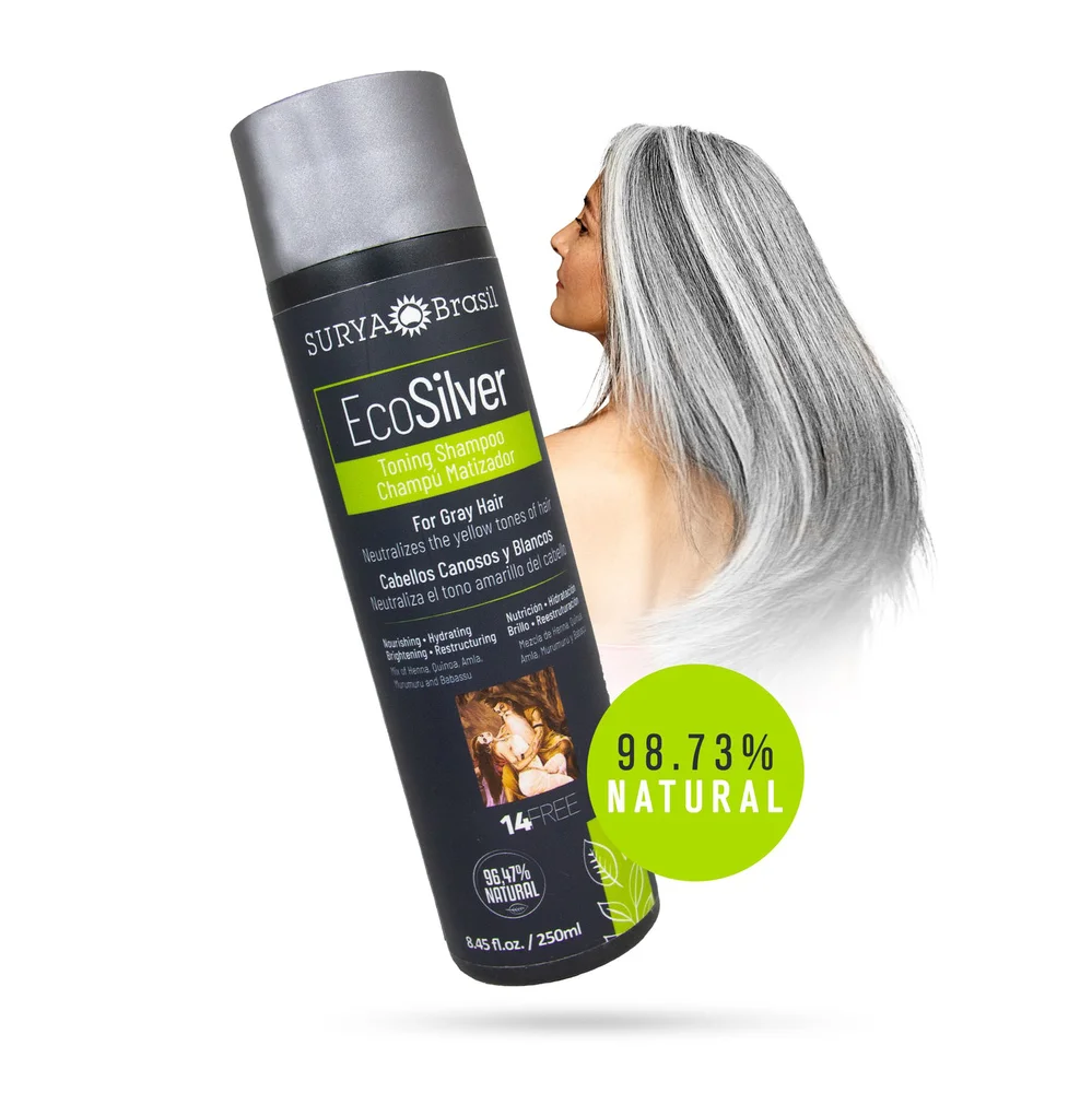 Shampoo Surya EcoSilver com destaque para cabelos grisalhos e brilhantes