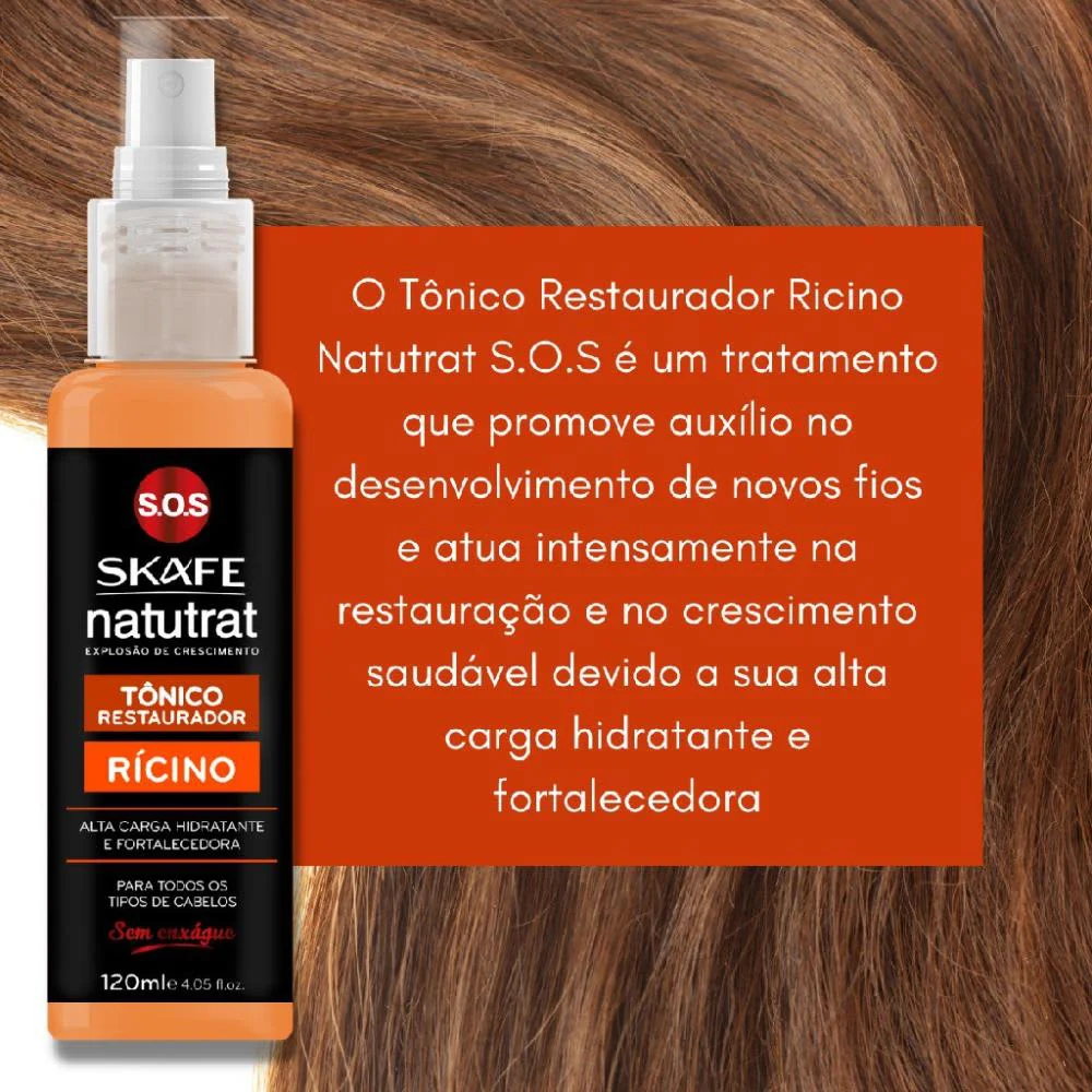 Tônico Restaurador Rícino Skafe 120ml ao lado de cabelo castanho, destacando restauração e crescimento
