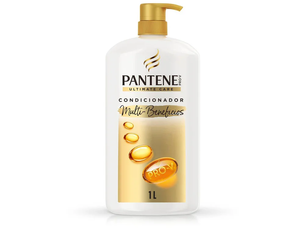 Detalhe do rótulo Multibenefícios em embalagem com pump dourado