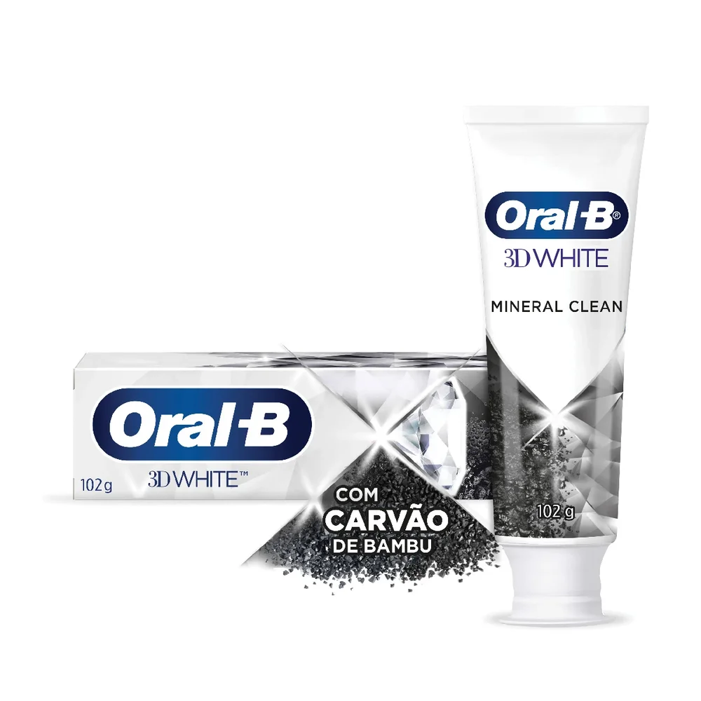 Detalhe do tubo Oral-B 3D White Mineral Clean destacando a fórmula com carvão