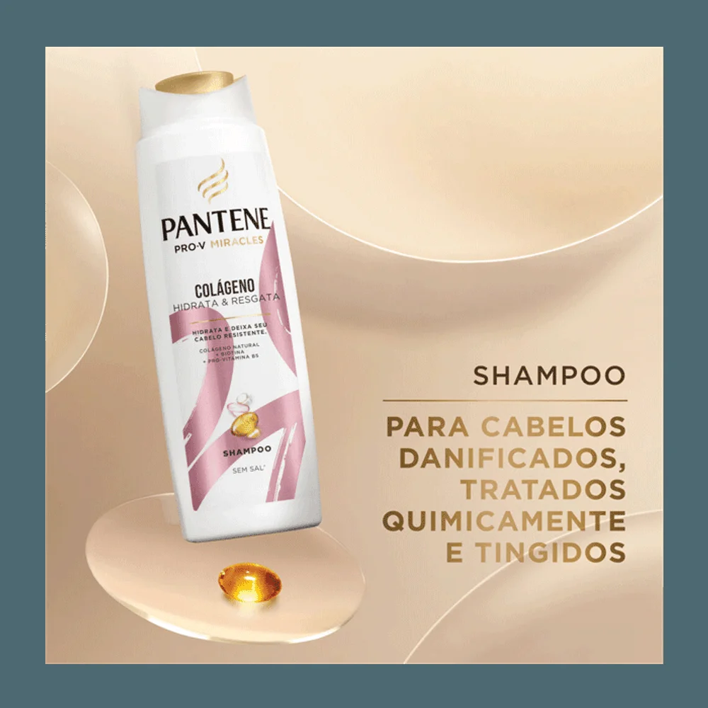 Shampoo Pantene Colágeno Hidrata & Resgata frasco branco com tampa dourada